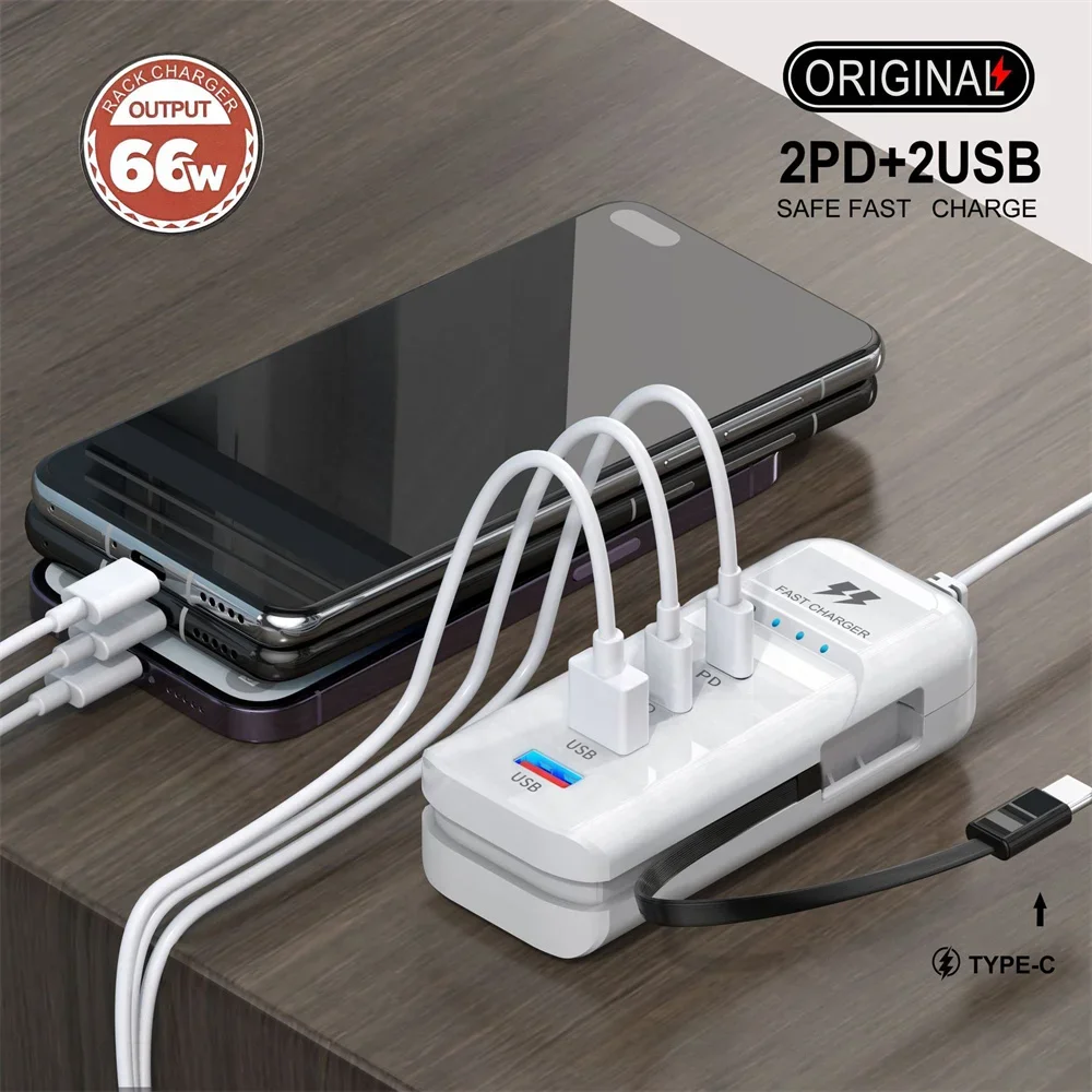 66W 4 Ports USB Charger PD Fast Charging Phone Travel Power Socket Adapter Type C Cable For iPhone Xiaomi Samsung Wall Charger