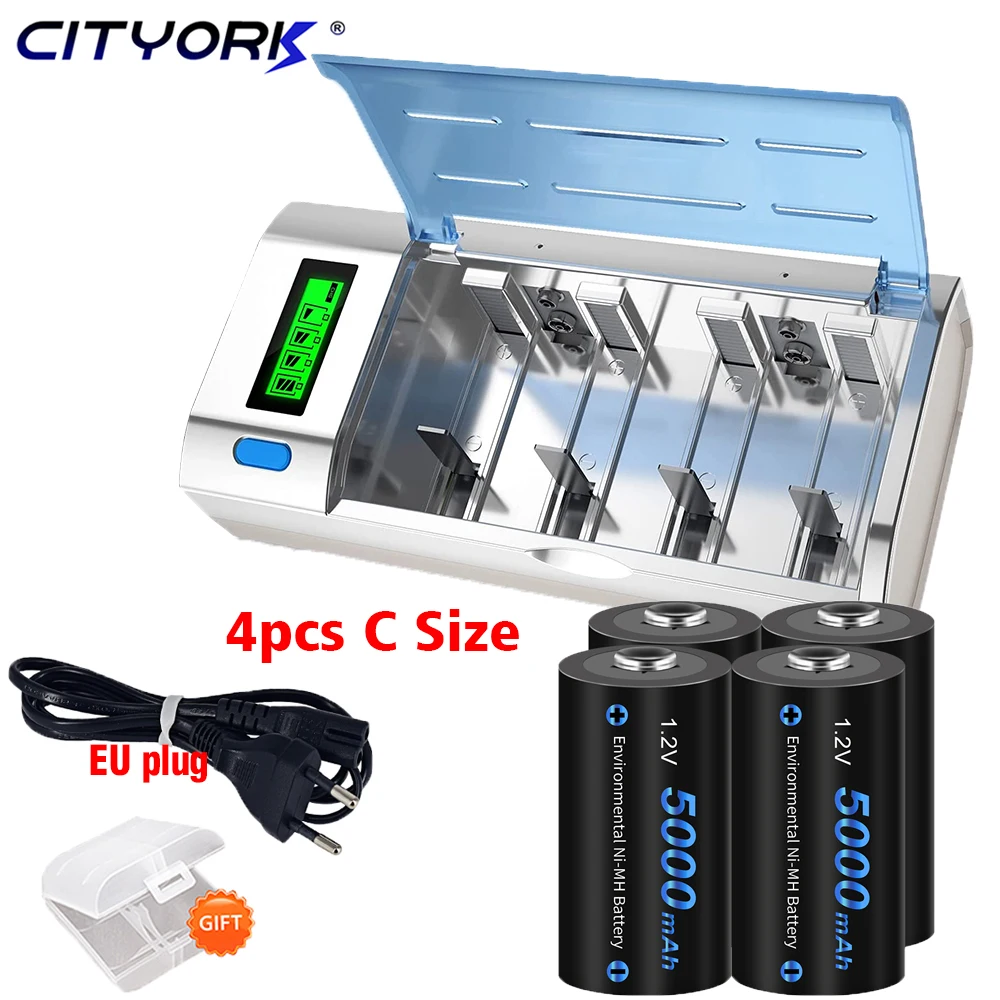 

CITYORK C battery 5000mAh 1.2V NIMH type C rechargeable battery R14 C Cell battery C + LCD Charger for AA AAA C D 9V