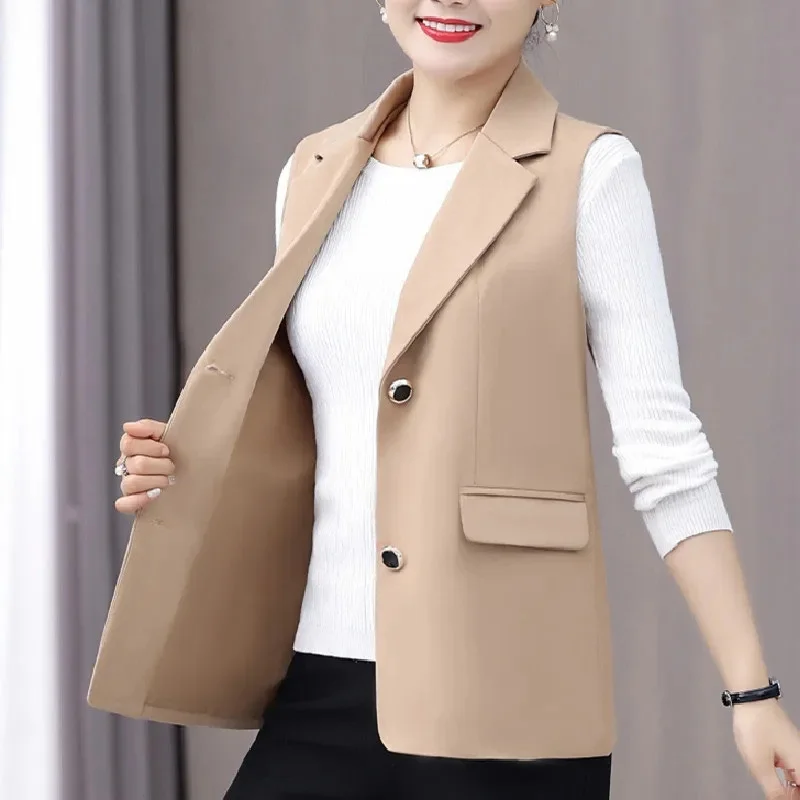 

Large Size Suit Vest Jacket Women's Spring Autumn 2025 New Sleeveless Coat Middle Aged Mother Waistcoat Overwear Ladies Tops