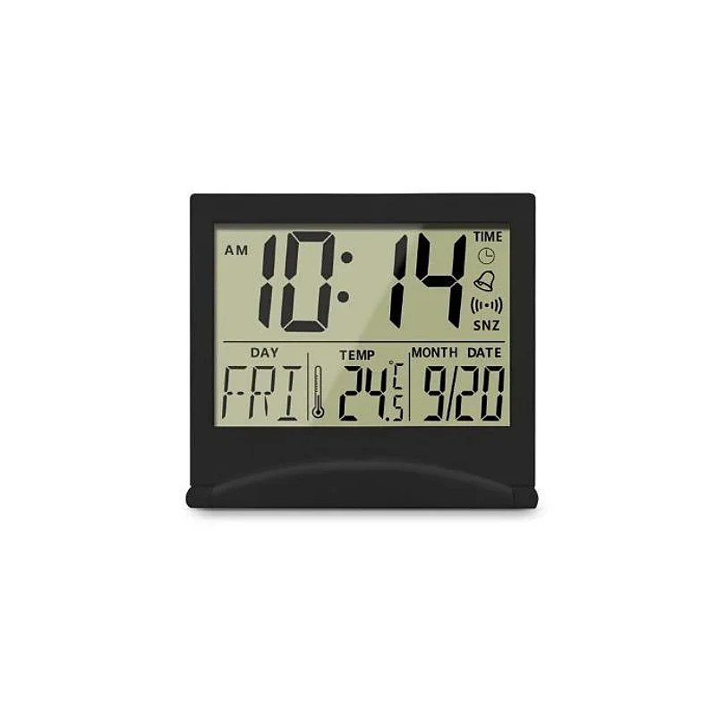 Mini sveglia LCD digitale pieghevole con data di temperatura Display settimanale conto alla rovescia Snooz 12/24H CR2025 alimentato a batteria