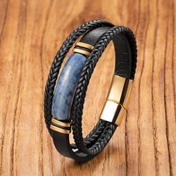 New Natural Lapis Lazuli Stone Bracelet Homme Black Leather Rope High Quality Gift for Boyfriend Energy Healing Jewelry for Man