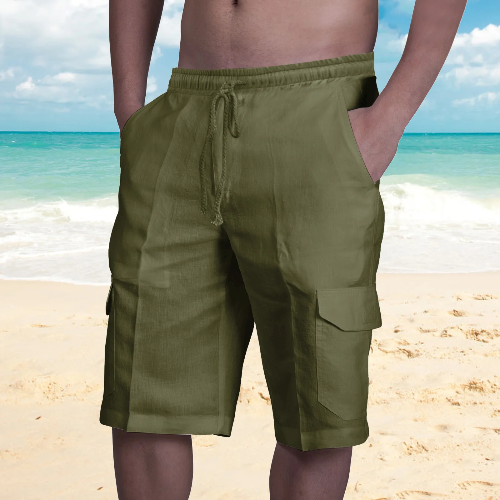 

New casual sports linen solid color shorts multi-bag fashion trend tethered men's beach cargo pants