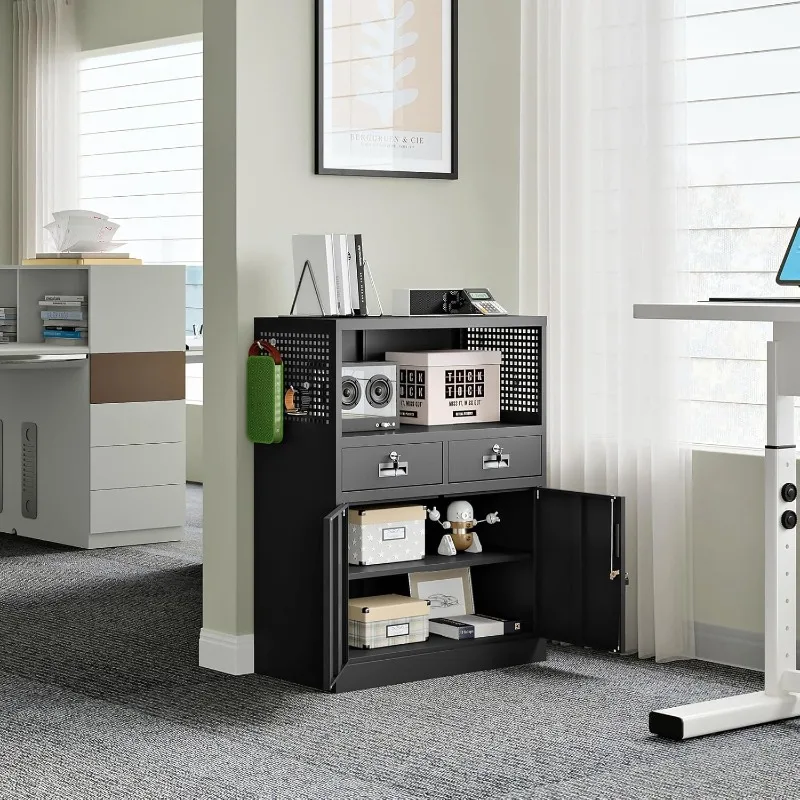 ตู้เก็บของโลหะ 2 ลิ้นชักและประตูล็อค,- 41.3 "ตู้เก็บของเหล็กล็อคได้พร้อมชั้นวางสําหรับโฮมออฟฟิศ