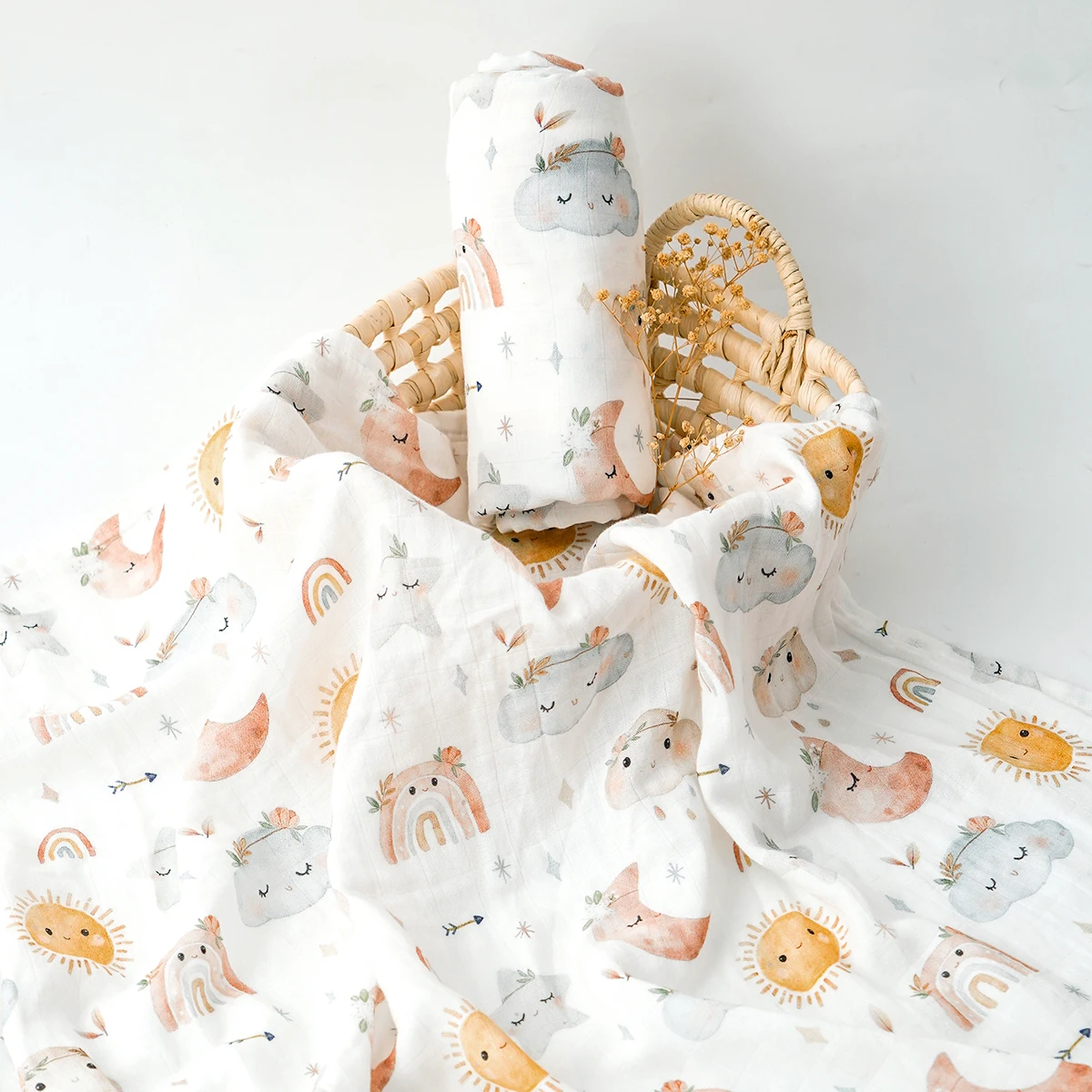 HappyFlute New One Piece Digital Print Bamboo Cotton 2 Layers Super Soft Muslin Swaddle High Quality Wrap For Newborn Blanket