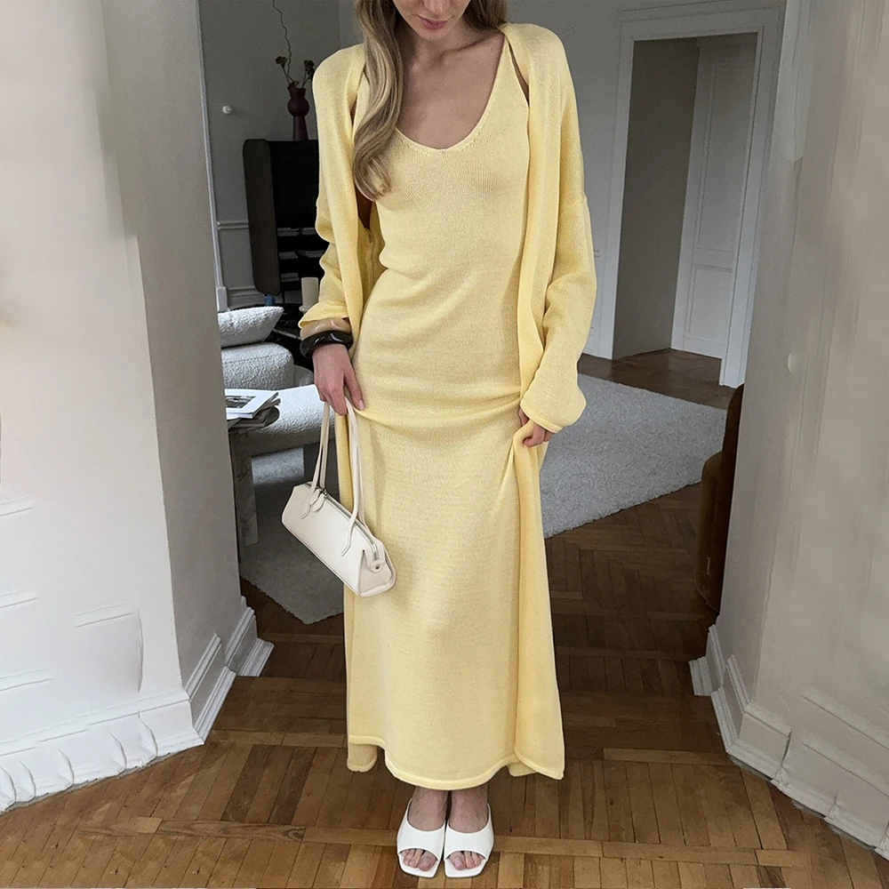 

Tuularose Women Long Dress Two Piece Solid Knit Halter Dress Long Sleeve Cardigan Set Casual Fashion Women Coverall Dress Set