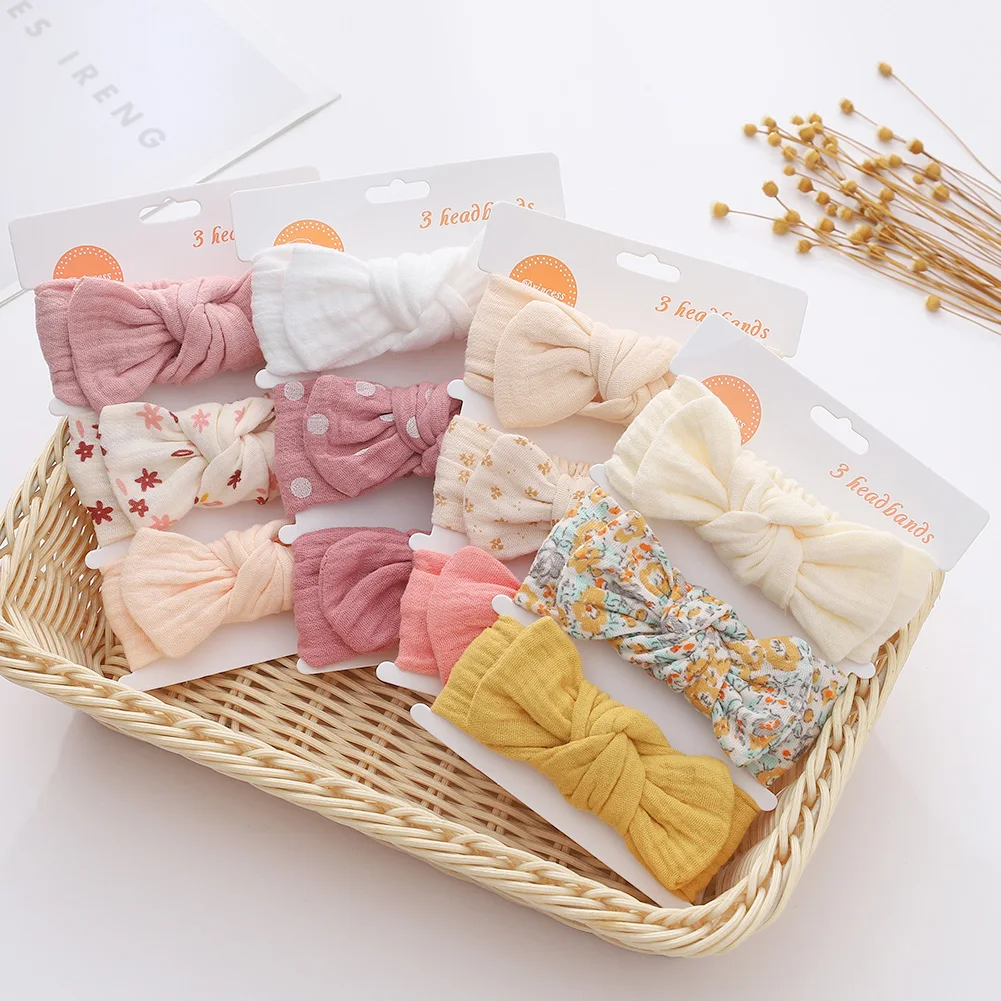 3Pcs/Set Solid Muslin Cotton Linen Baby Headband Elastic Rabbit Ear Hair Band Infant Girl Turban Headwraps Stretch Accessories