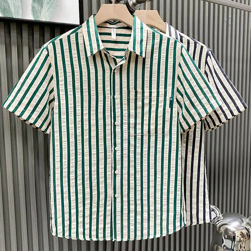 

Casual Lightweight Men's Stripe Shirt Short Sleeve Comfortable Breathable Summer Fashionable Loose Top Quick Dry Youth Popular