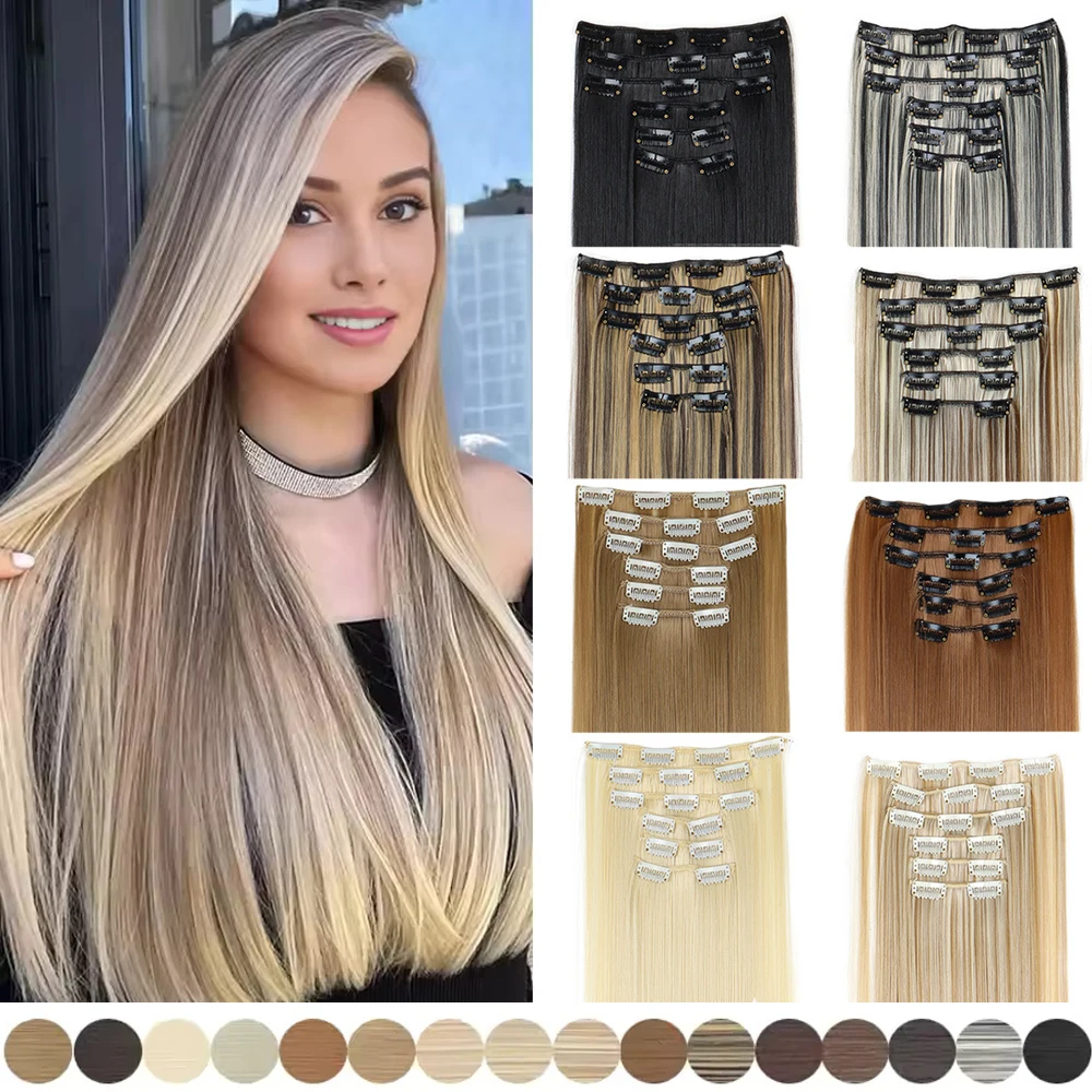 Clips In Hair Extension Long Straight Hair Pieces Clip In Hair Extension 24Inch 6Pcs Synthetic Fake Hair Ppieces For Women