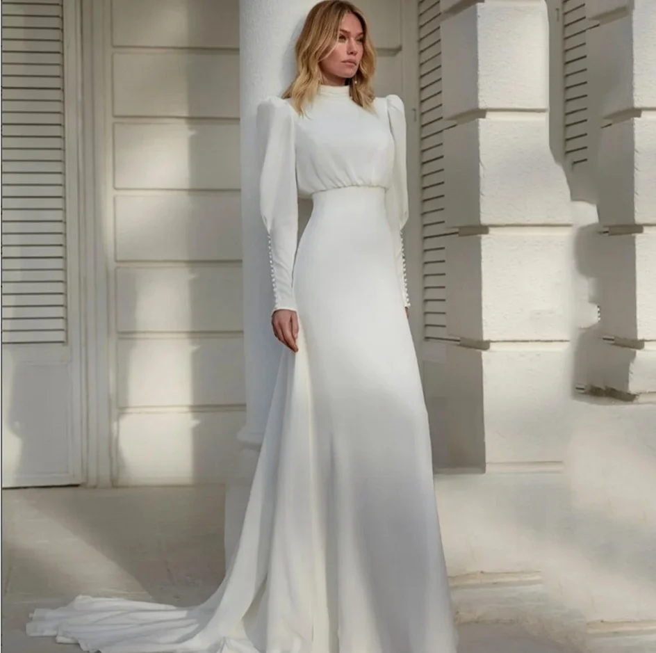 Customize To Measures WomenModern High Neck White Chiffon Wedding Dress Women Long Lantern Sleeve Pleats Sheath Bride Gown 2025