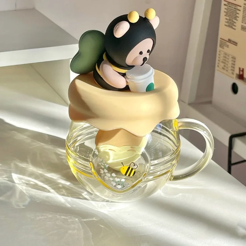 New Creative Cartoon Bee Tea Cup with Lid,Milk Glass with Handle, Coffee Cups,glass Mug,cup Set, Fall Mug ,cold Cups,kawaii Mug