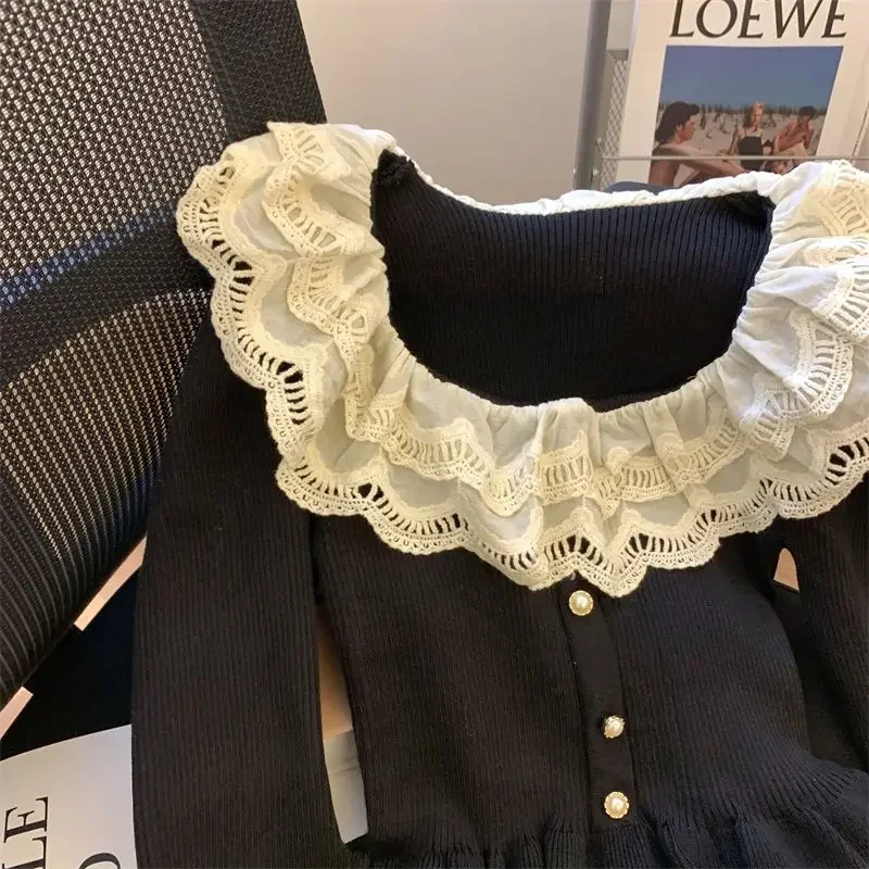 Slim High Waist Jumper Pullover Lace Doll Collar Patchwork Top Women Sweater Sueters De Mujer Knitwear Shirts New Spring Autumn