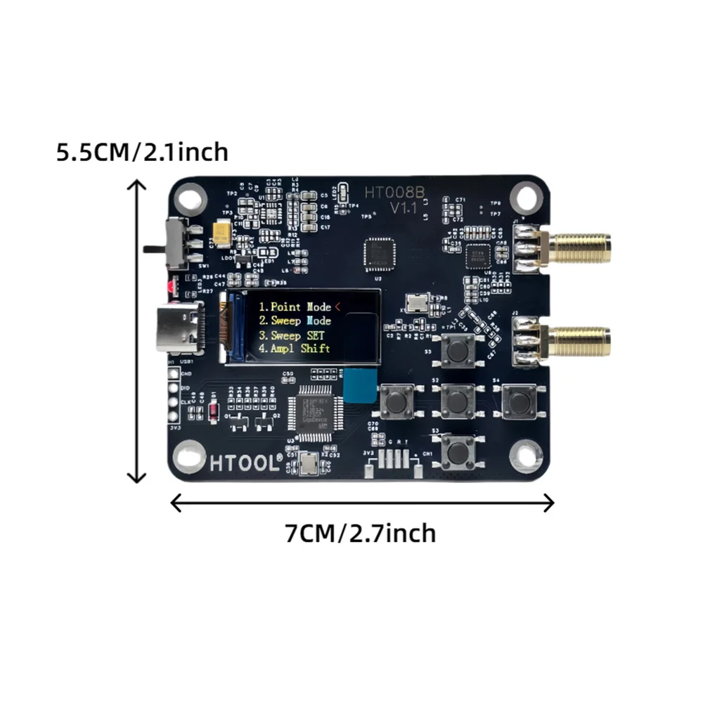 เครื่องกำเนิดสัญญาณ HTOOL MAX2871 50-6400MHz รุ่น HT008B แบบสองช่องสัญญาณ ความละเอียด 1KHz ลดสัญญาณรบกวนเฟสต่ำ ควบคุมผ่าน USB UART พร้อมฟังก์ชัน Sweep Point