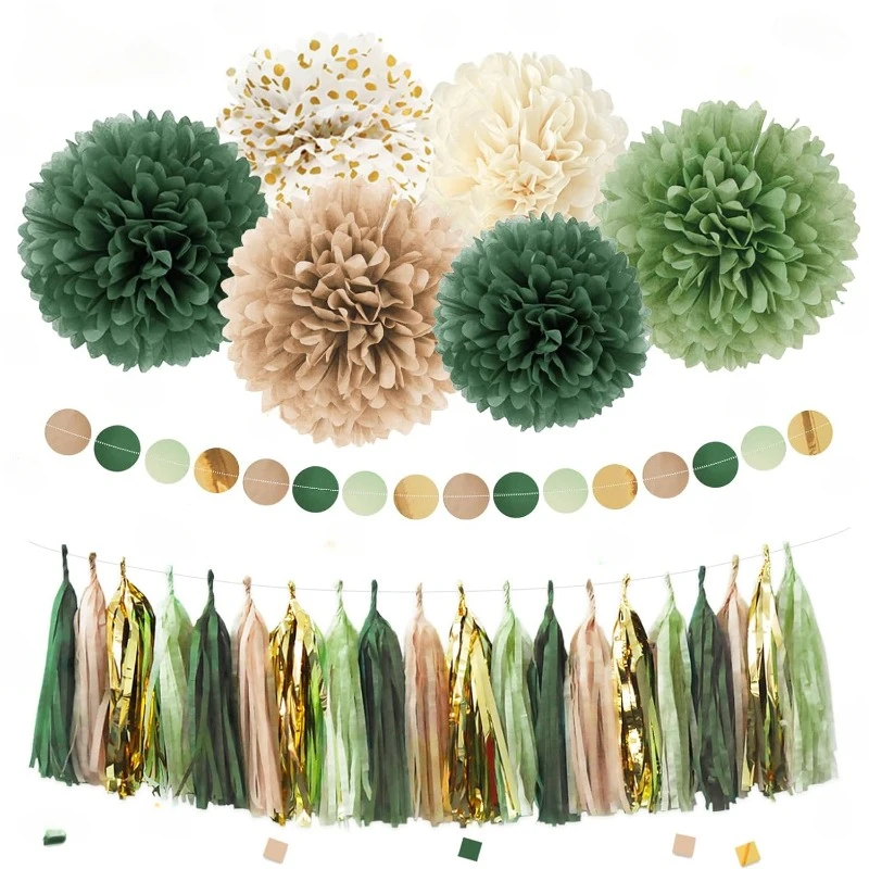 Sage Green Wedding Party Decorations Tissue Paper Pompoms Circle Dots Garlands Paper Tassels Hanging for Birthday Party Supplies