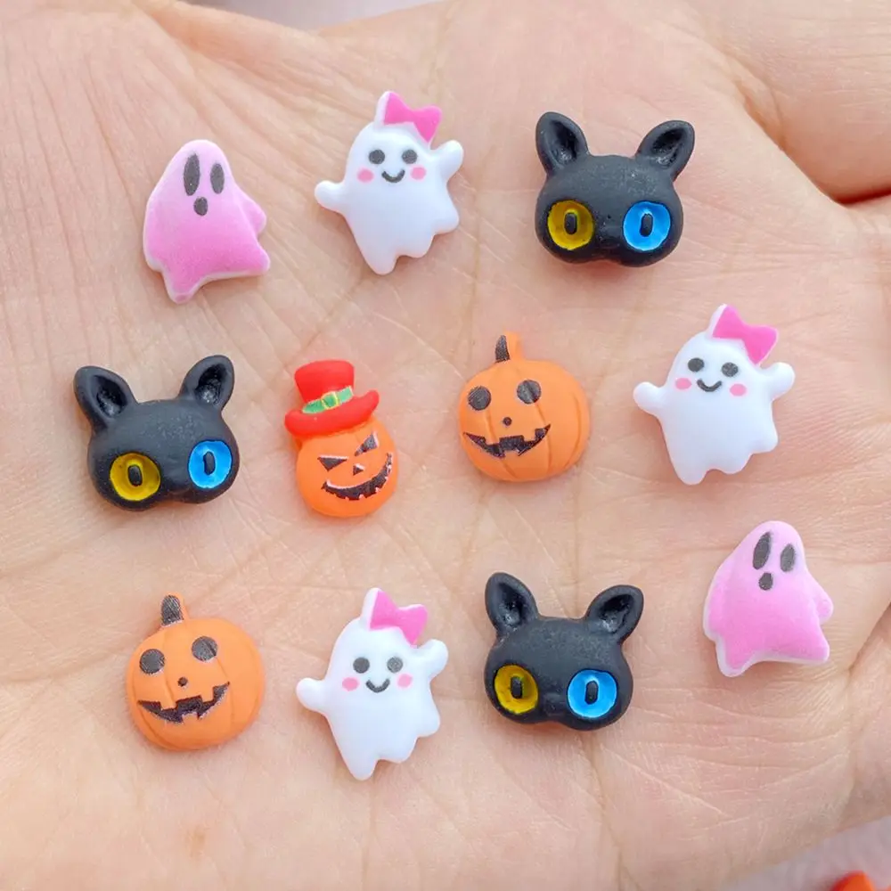 30Pcs New Cute Resin Halloween Pumpkin, Ghost, Cat Series Flat Back Ornament Jewelry Making Manicure Hairwear Accessories