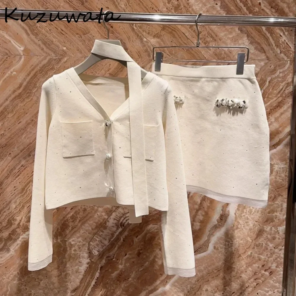 Kuzuwata Elegant Lovely V Neck Knit Cardigan Lace Up Small Fragrance Scarf England Jumper Japan French Style Literary Sweaters