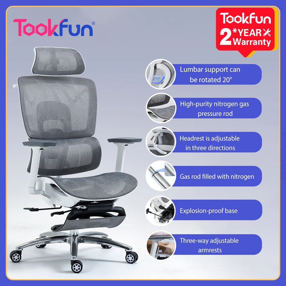 Tookfun Silla ergonómica Silla de oficina 145 °   Can Lie Silla para juegos Reposabrazos 3D Soporte de cintura elástica Asiento de computadora Hogar