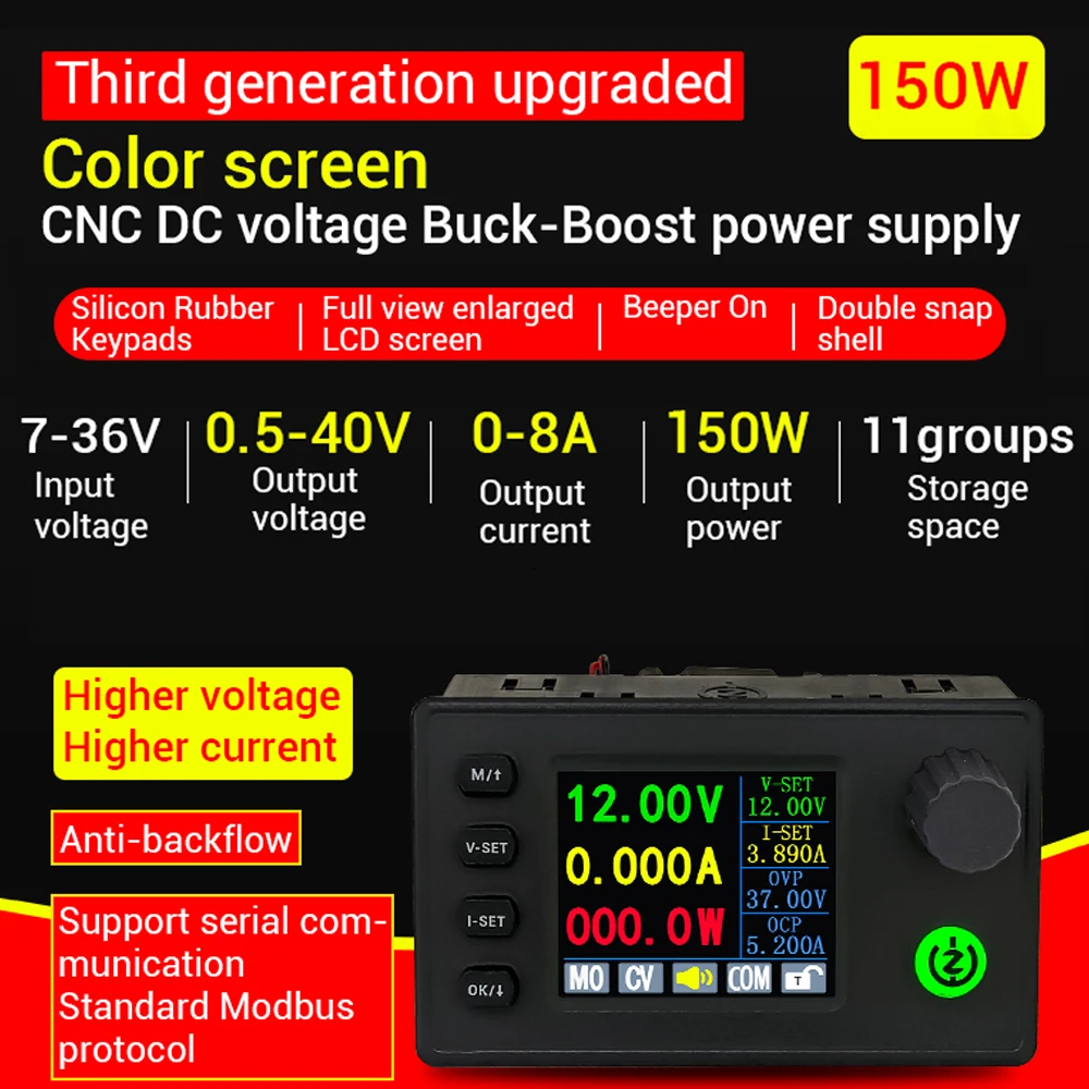 Color Screen CNC DC Lift Voltage Adjustable Voltage Regulator DC 7-36 0-8A 150W CC CV Charging Module SK150C
