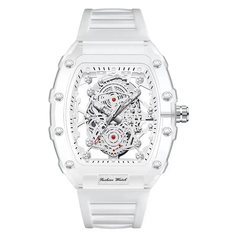 

HUMPBUCK Tonneau Skeleton Men’s Watch with Transparent Case and Silicone strap and Visible Movement Wristwatch