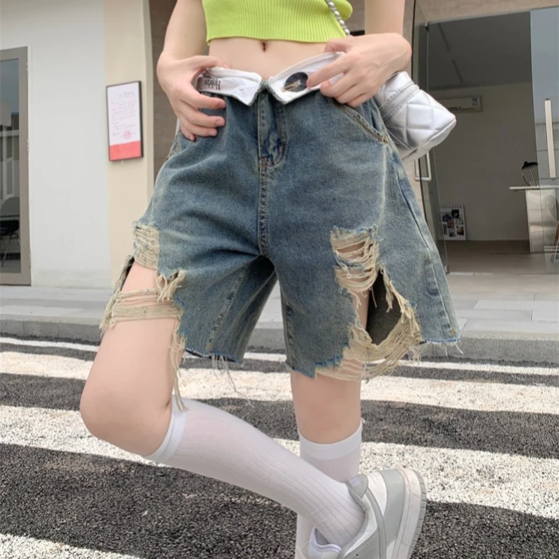 

Ripped Raw Straight Leg Denim Shorts Women 2024 Summer New High Waist Loose Shorts Fashion Versatile Casual Short Jeans Female