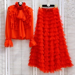 Spring Ruffles Lace Up Collar Lotus Edges Chiffon Shirt Multi-Layers Layered Blouses + A-Skirt Mesh Pleated Cake Skirt