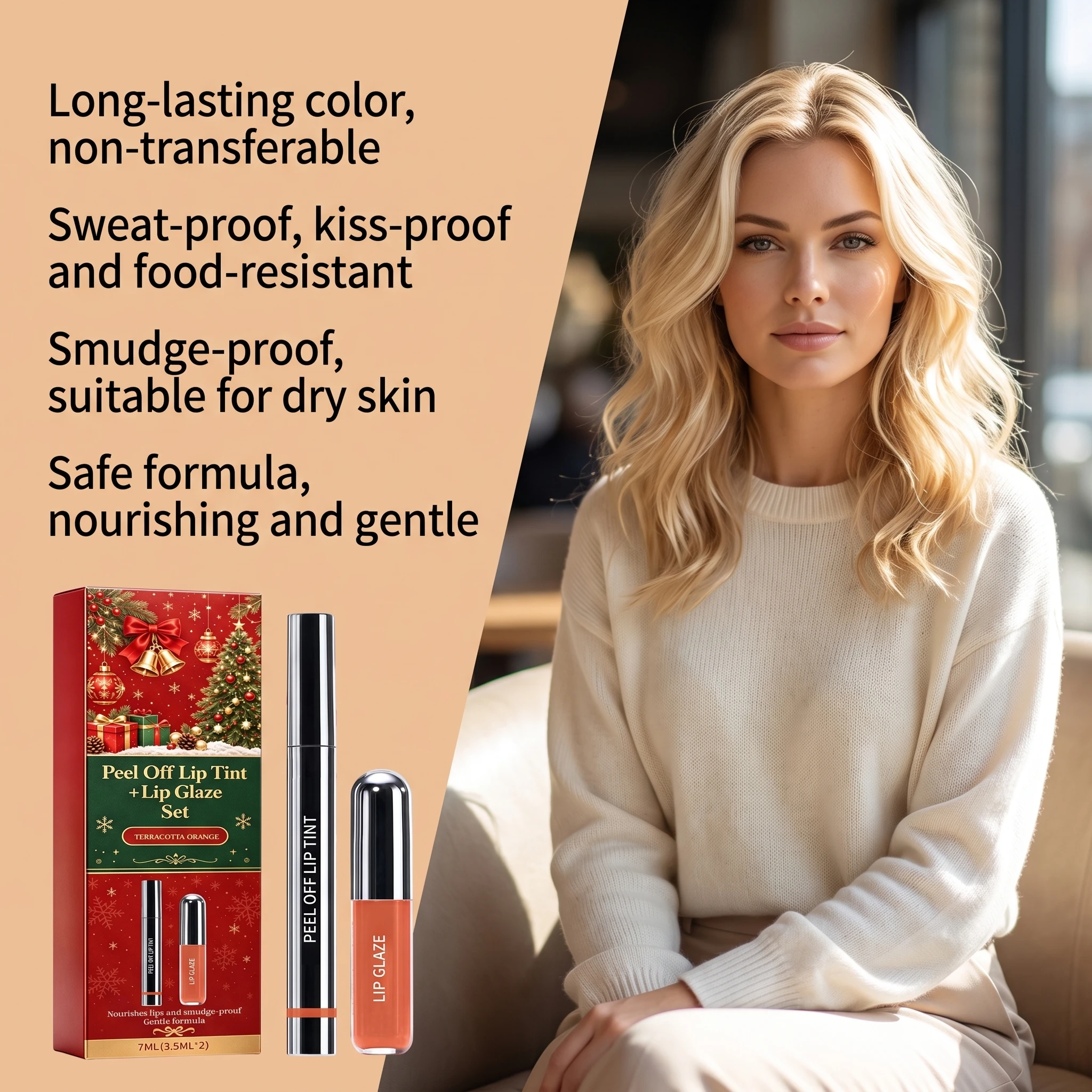 Christmas Limited Peel Off Lip Stain Set, Long-wear Transfer-proof Plumping Juicy Lip Glaze Kit, Non-stick Cup Lip Tint Gift Set