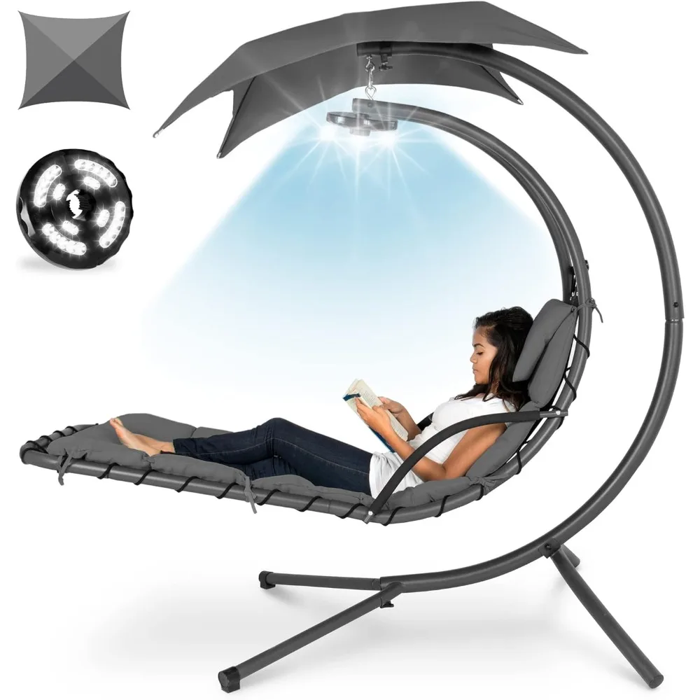 

Hanging LED-Lit Curved Chaise Lounge Chair Swing for Backyard, Patio, Lawn w/ 3 Light Settings, Weather-Resistant Pillow, Remov