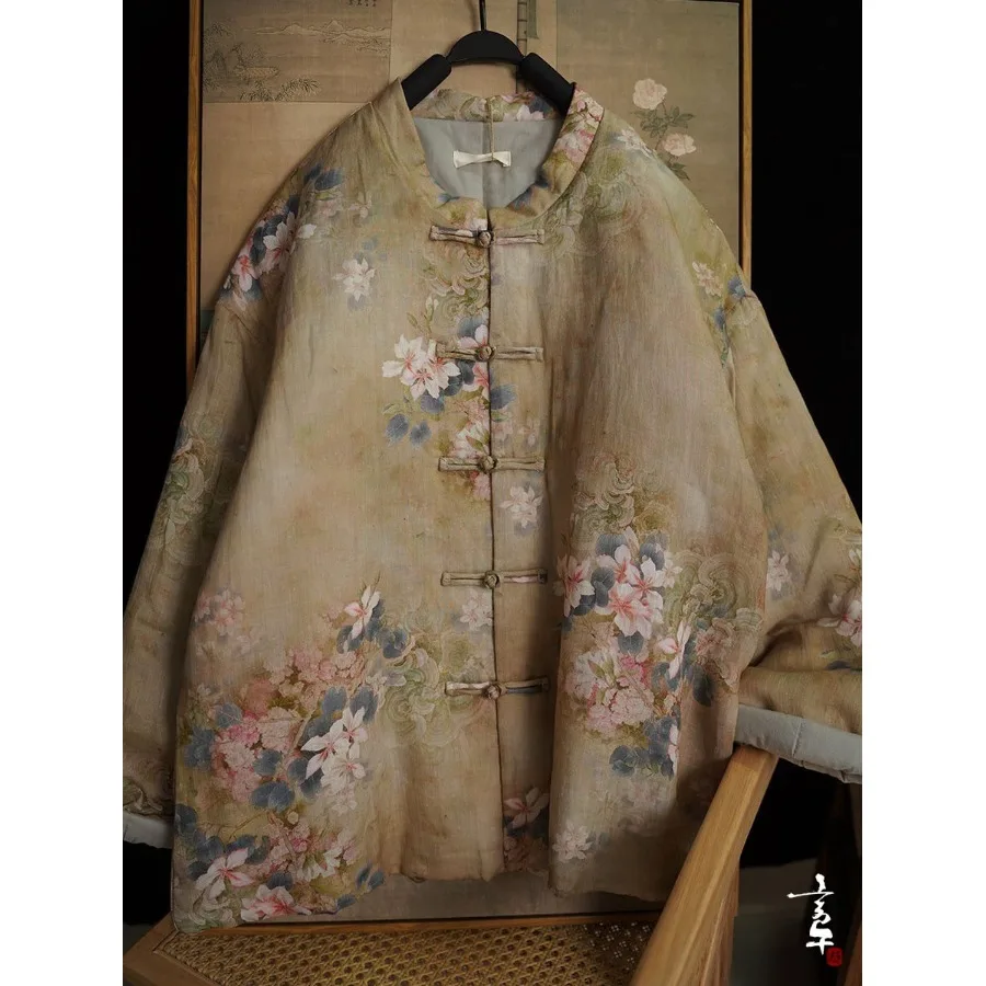 

Высококачественная женская хлопковая куртка на осень-зиму, новая верхняя одежда с принтом в национальном стиле, пуговицы с кисточками, свободная посадка, длинный све