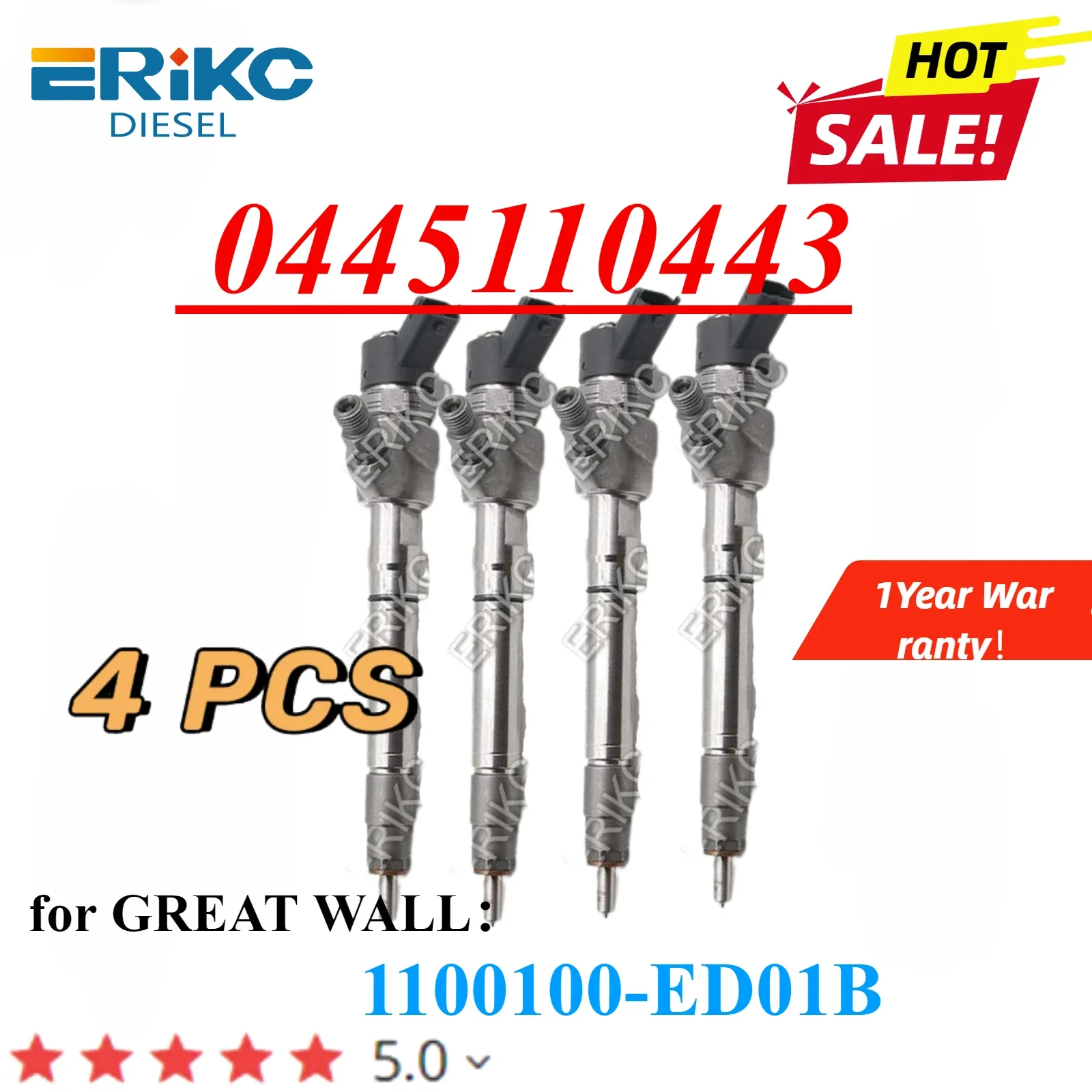 4PC 0445110443 Diesel Injector 0 445 110 443 Common Rail Fuel Injection Nozzle 0 445 110 442 For GREAT WALL 1100100-ED01B