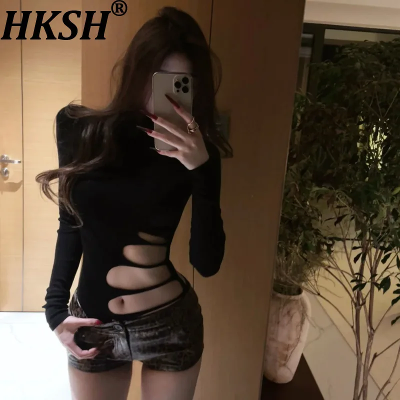 

Женская сексуальная футболка HKSH с вырезами, длинными рукавами, воротником-стойкой, облегающая, однотонная, элегантная, трендовая, новинка весна-осень HK20563