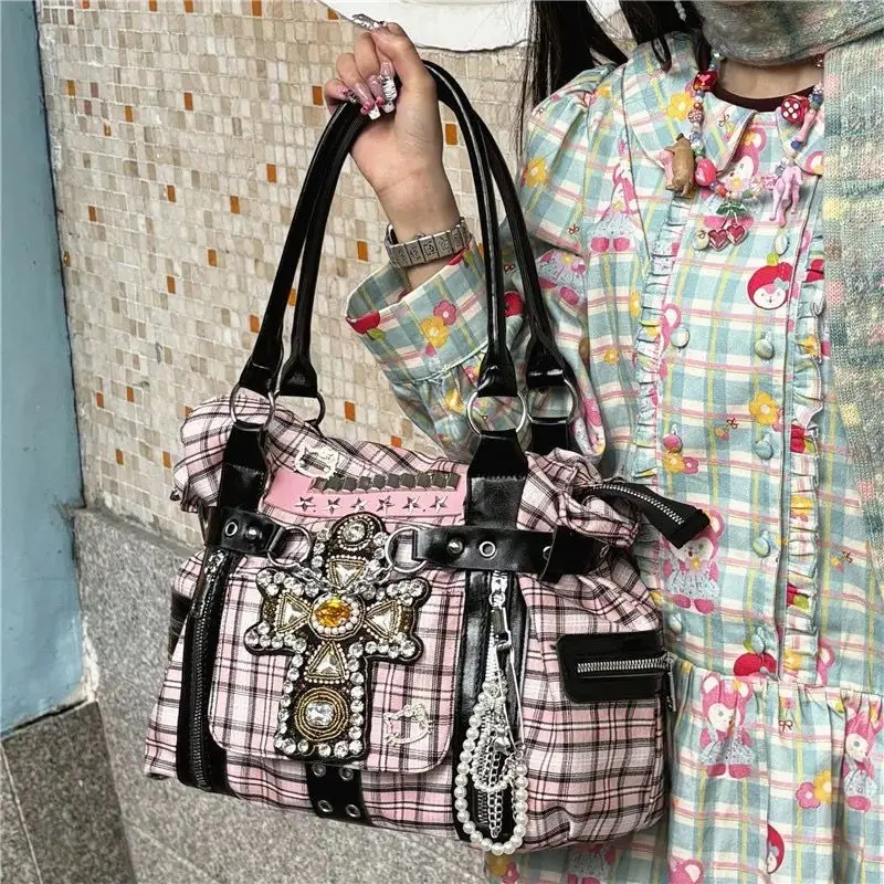 Hot Girls Plaid Large Capacity Tote Bag Purse Women Subculture Gothic Cross Handbag Female Vintage Black Shoulder Bags Aesthetic