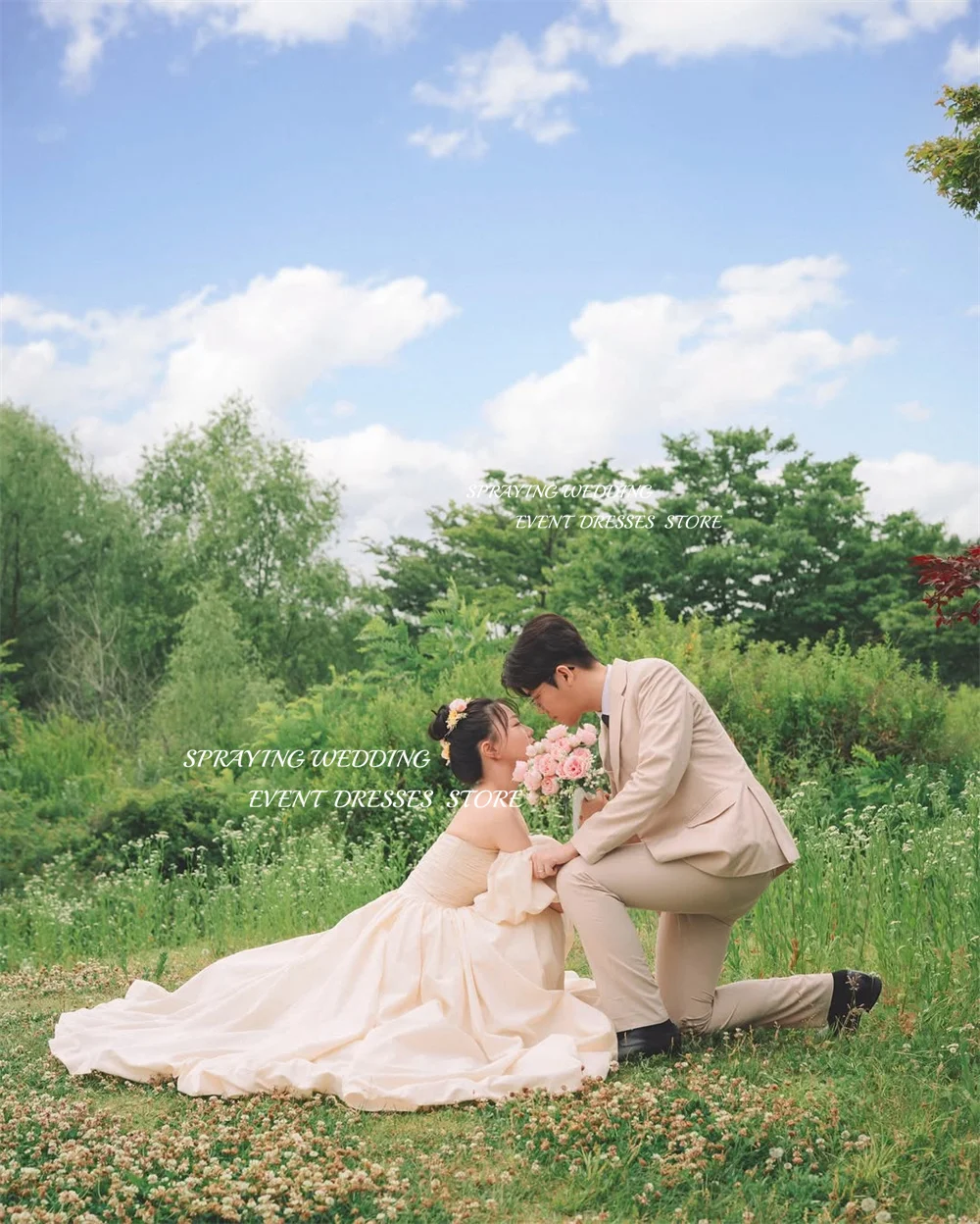 SPRAYING Simple taffetas une ligne longues robes de mariée corée séance Photo sans bretelles manches bouffantes robes de mariée Corset personnalisé 2026