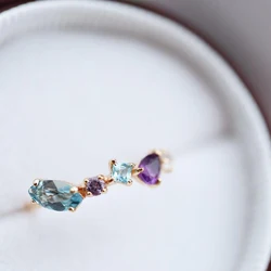 New inlaid amethyst sapphire ladies ring opening adjustable fresh and colorful art light luxury jewelry accessories