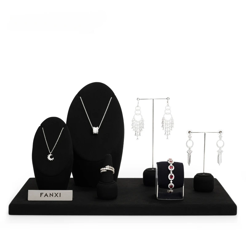 

Black Microfiber Metal Original Jewelry Stand Necklace Earrings Jewelry Counter Display Combination Set