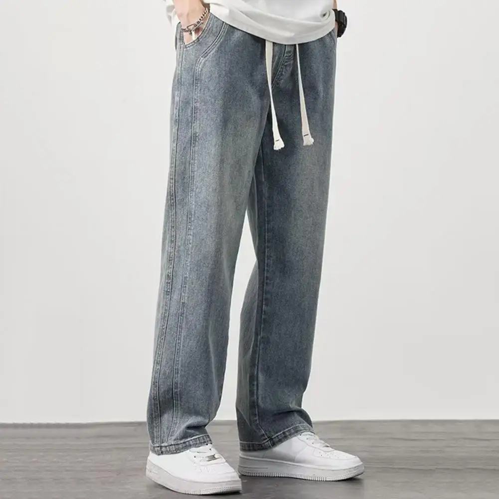 Men Summer Jeans Men's Summer Jeans Elastic Waist Adjustable Drawstring Straight Wide Leg Casual Pants with Pockets in Solid