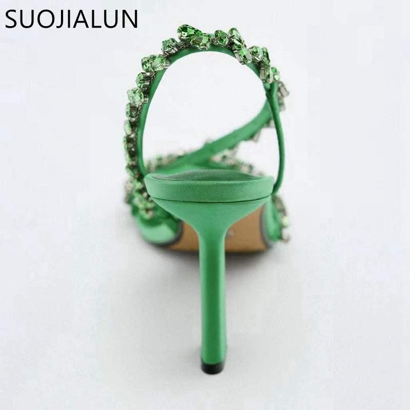 SUOJIALUN Summer New Brand Women Sandal Fashion Bling Crystal Narrow Band Ladies Elegant Gladiator Shoes Thin High Heel Pumps