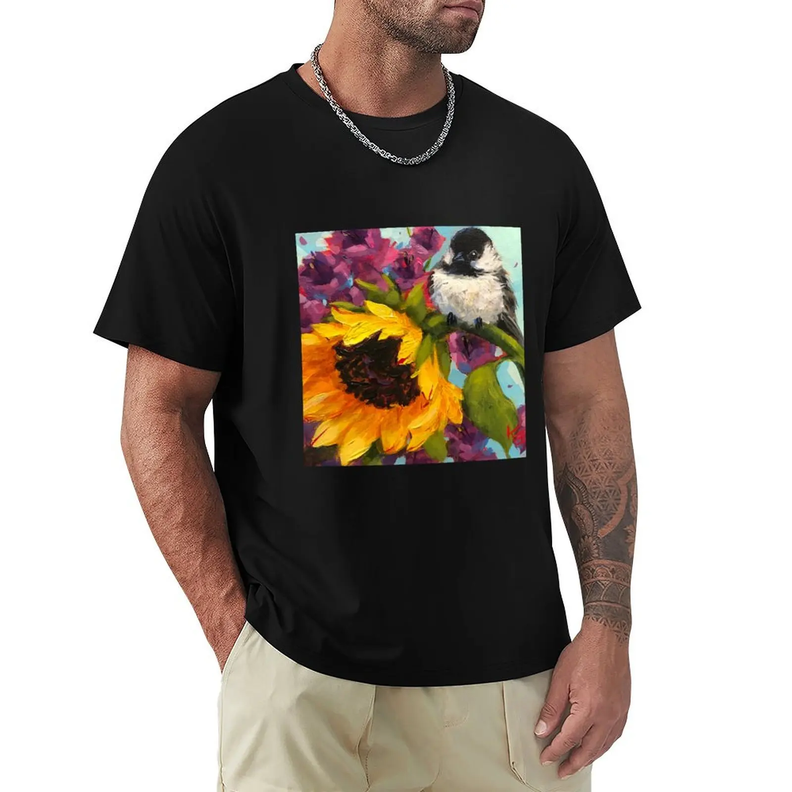 Chickadee & Sunflower T-Shirt anime designer shirts tops baggy shirts mens vintage t shirts