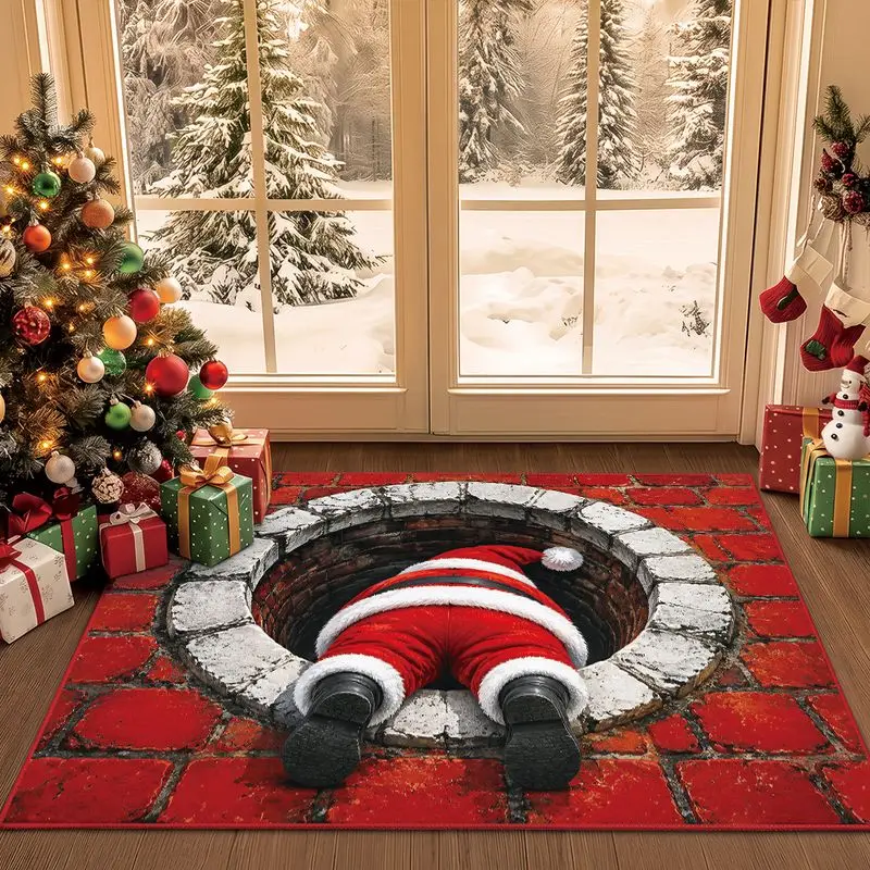 VIKAMA Funny 3D Christmas Doormat Santa Claus Stuck Chimney Red Brick Illusion Mat Welcome Front Porch Rug Xmas Decor