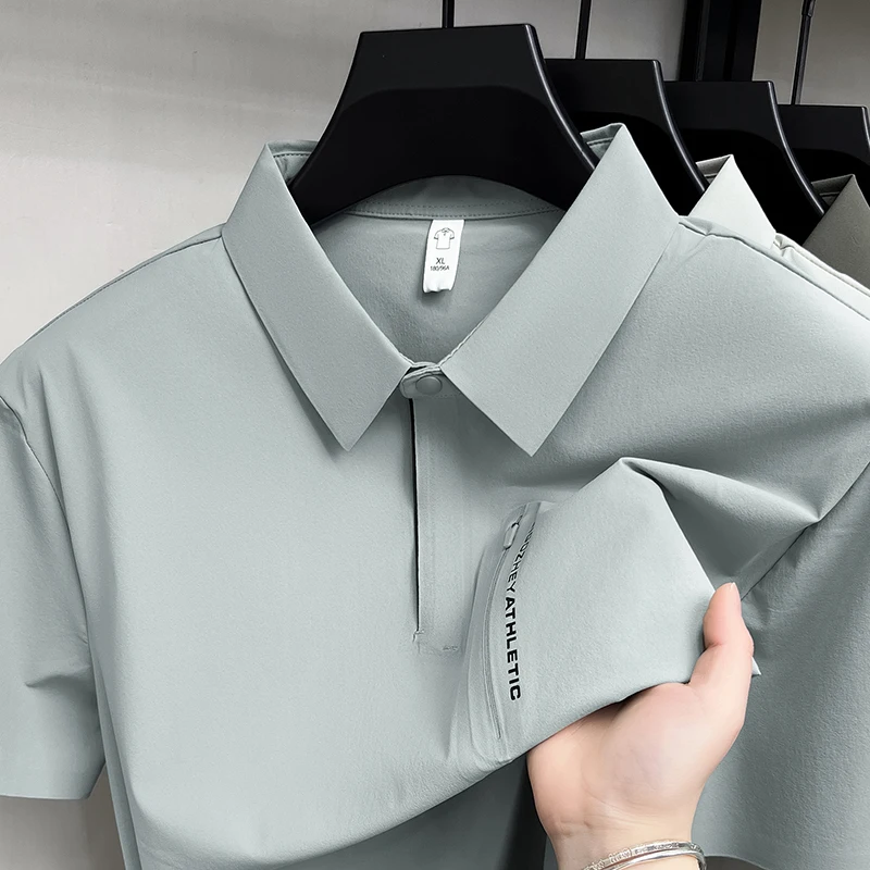 Designer brand ice silk short sleeve polo shirt summer zipper pocket printed design T-shirt business casual breathable men's top