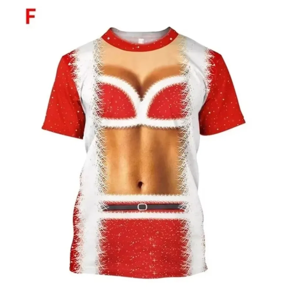 Fun Santa Claus Fake Abdominal Muscle Pattern 3D Printed Breath Men's T-shirt Street Casual Role-playing Party Short-sleeved Top