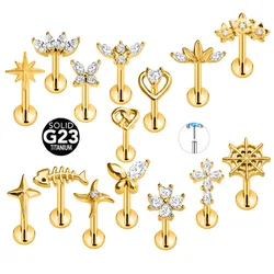 ASTM F136 G23 Titanium Flower Petals Star Heart Butterfly Threadless Piercing Pin Push in Labret Daith Conch Earring 16G 18G 20G