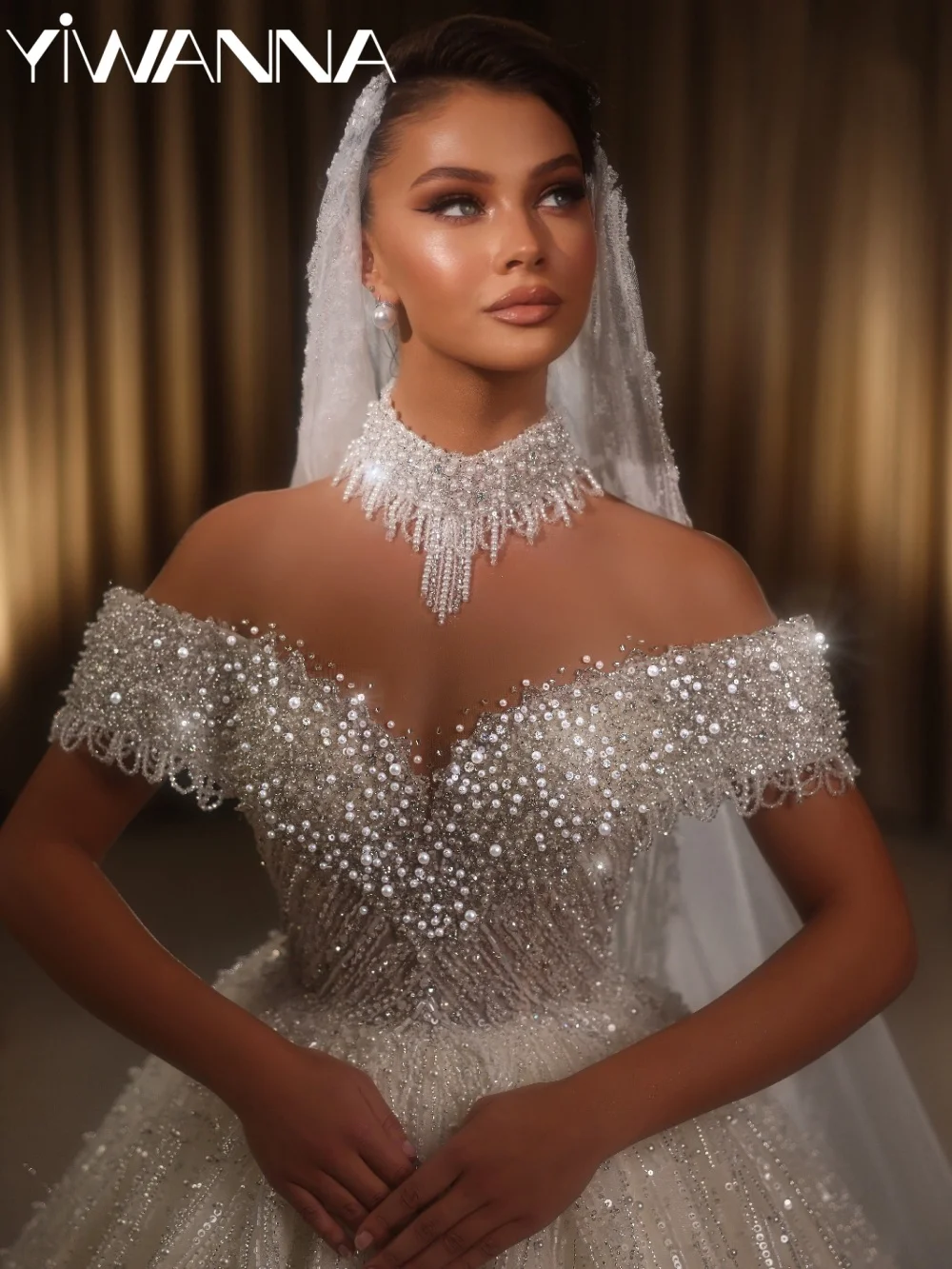 

Потрясающее свадебное платье с длинными рукавами и жемчужными бусинами, изысканное свадебное платье с открытыми плечами, новое, на заказ, гламурное, сказочное платье для невесты