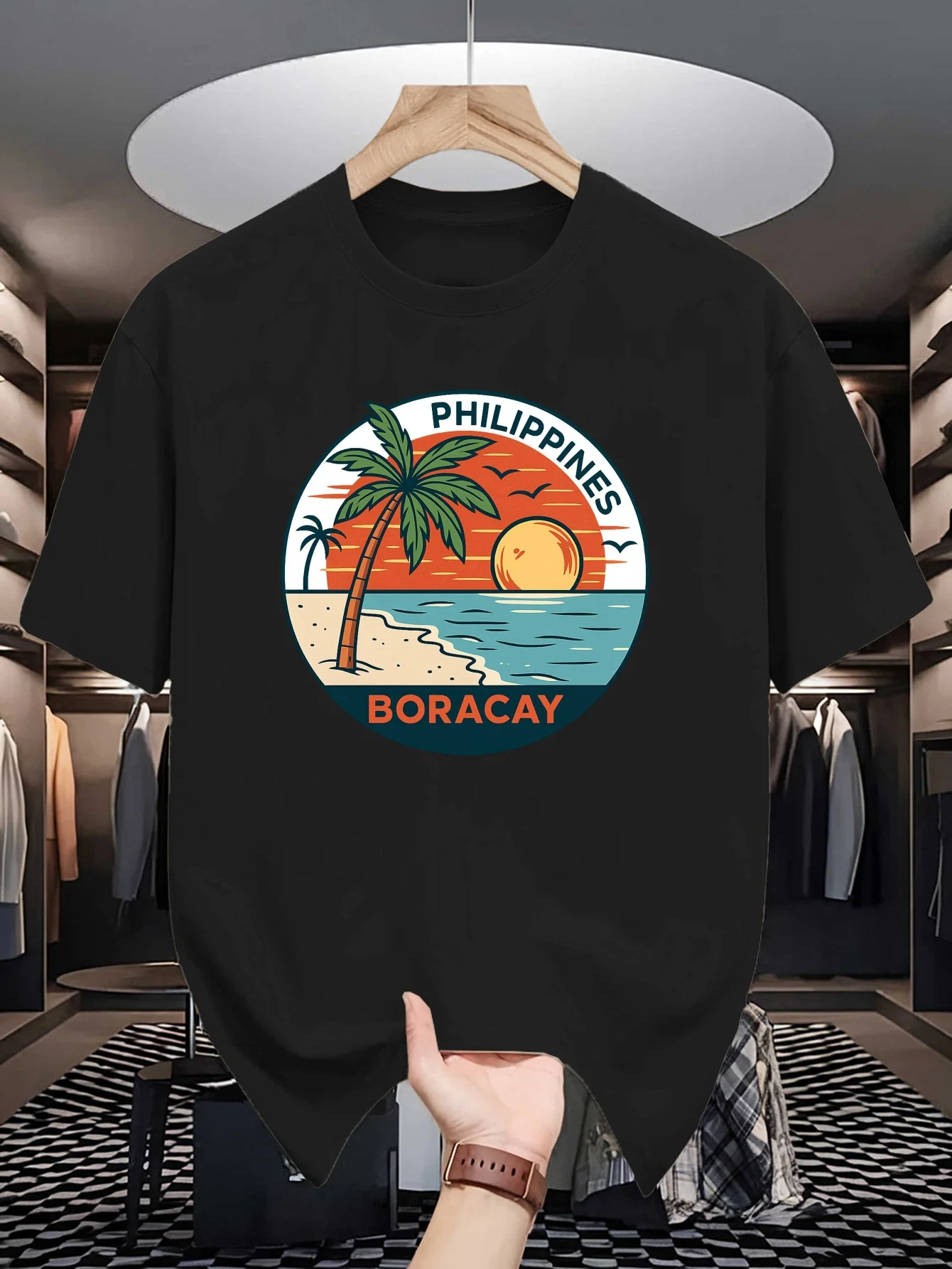 Fashion Mens Orange Basic Tee Retro Circular Boracay Seaside Palm Sunset Graphic Tropical Island Travel Vacation Casual Shirts