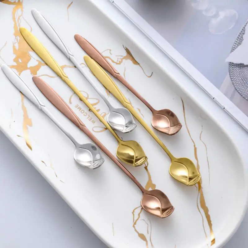 2/4/6PCS Creative Rose Modeling Long Handle Small Spoon Exquisite Rose Pattern Household Supplies Coffee Stirring Spoons