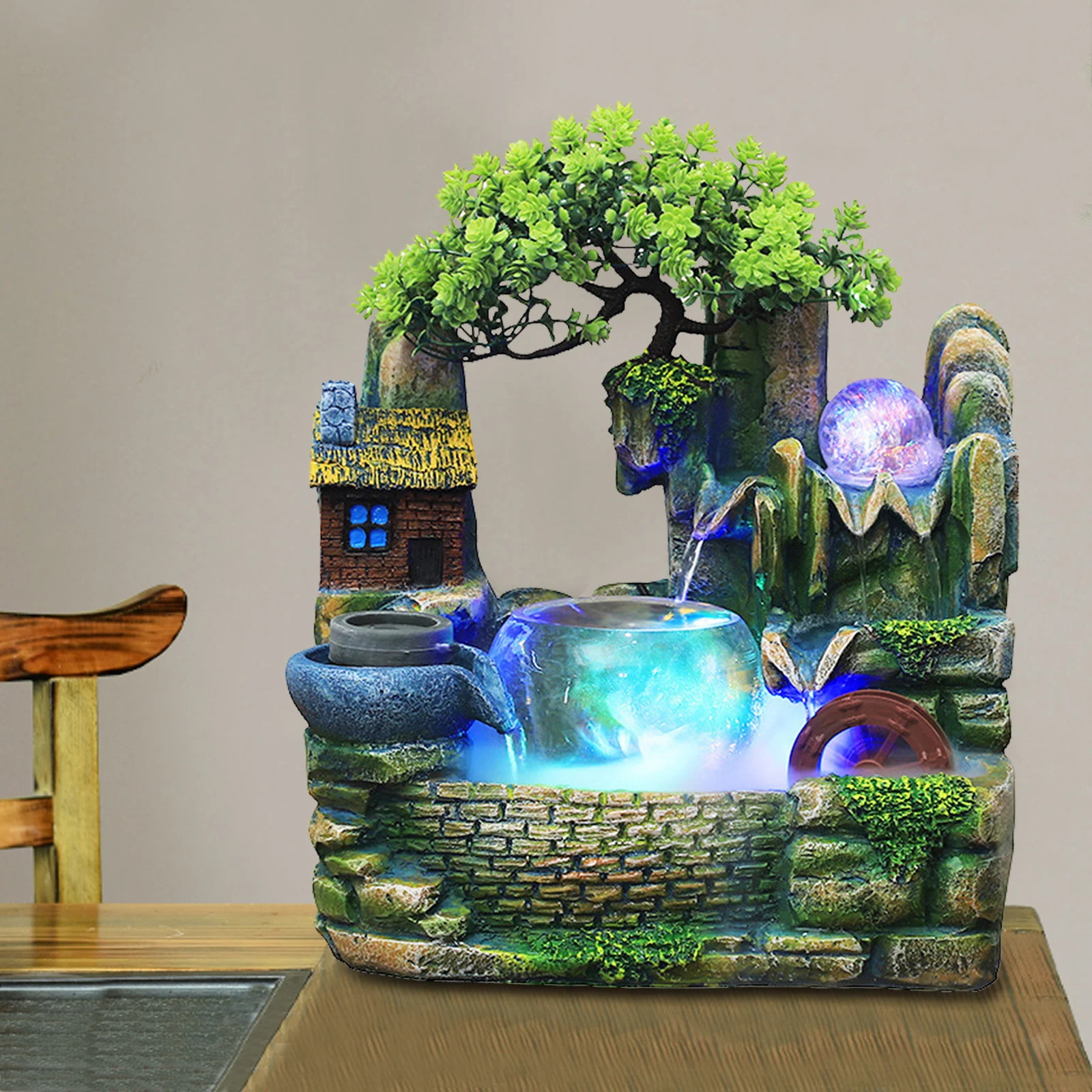 Garden Decor Fountain Fengshui Waterfall Plant Ornament Humidifier Well With Lighting Table Fountain Desk Resin Fountain Crafts