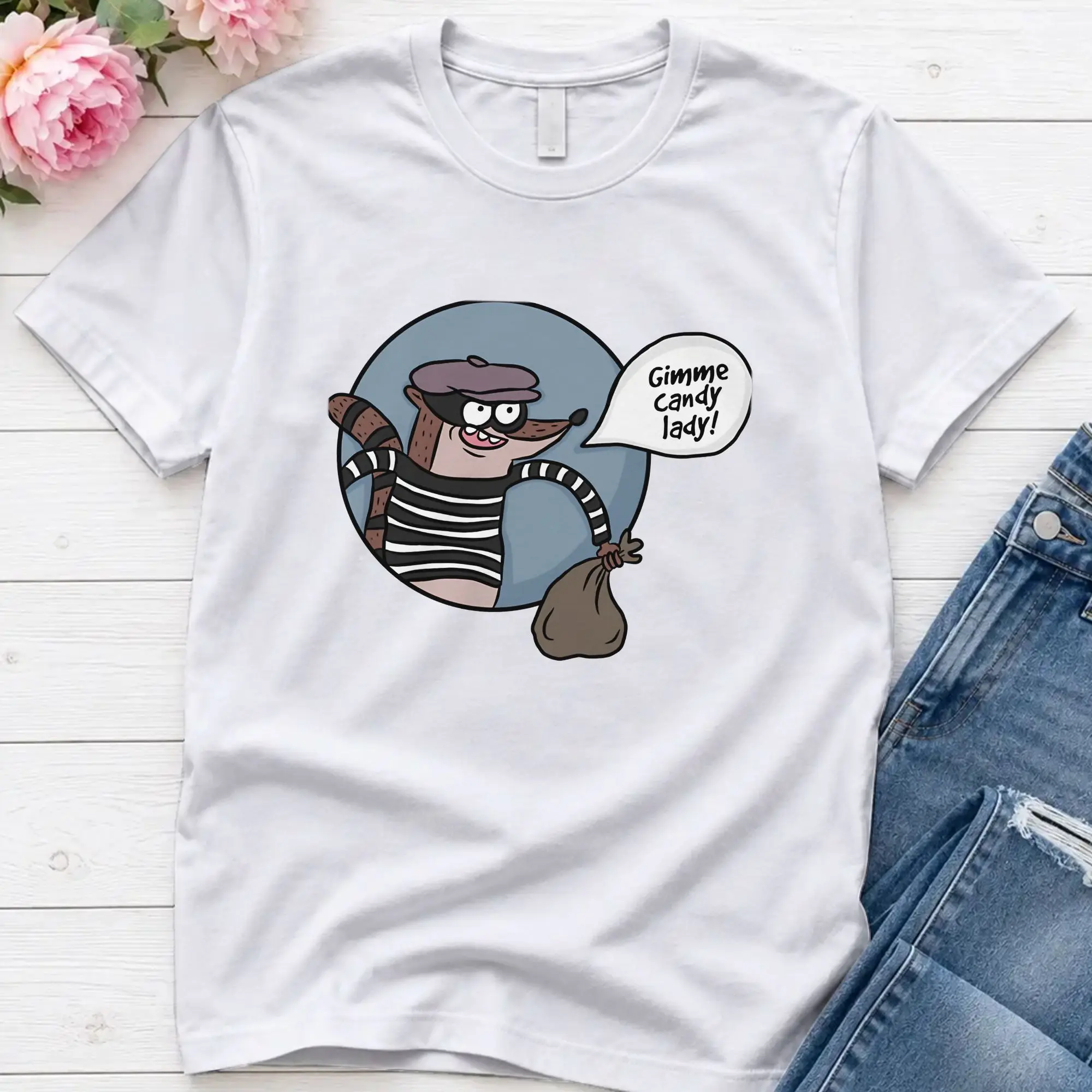 Funny Gimme Candy Lady! Rigby Regulars Shows  T-Shirt for Men Crew Neck 100% Cotton T Shirt  Short Sleeve Tee Shirt Printed Tops