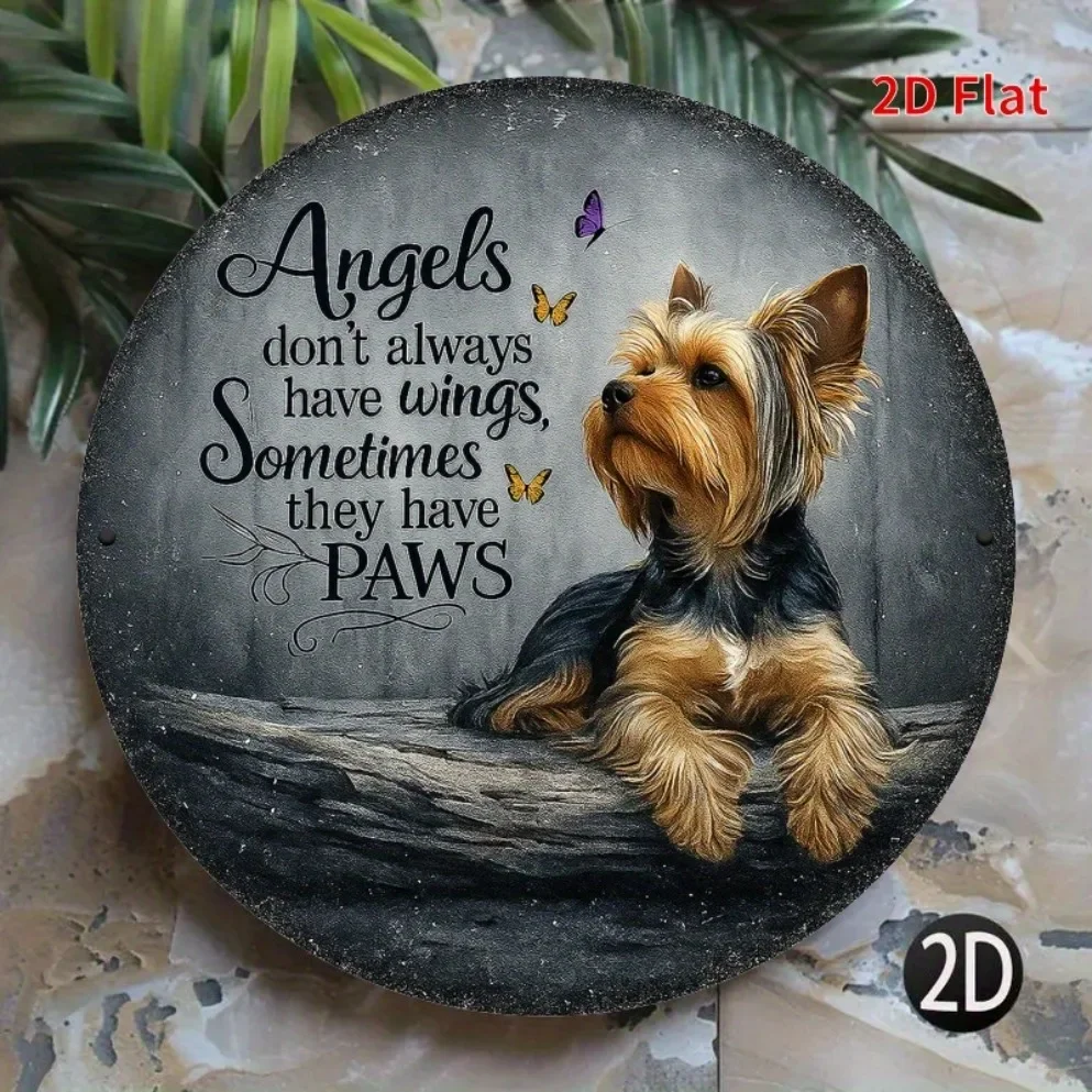 Round Metal Tin Sign 2D Flat 1pc 20x20cm Yorkshire Terrier Angels Have Paws Pattern Circular Wall Plaque Pet Lover Home Decor