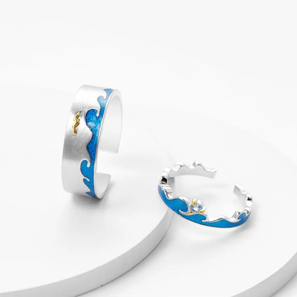 

GEM'S BALLET 925 Sterling Silver Enamel Rings Natural Blue Topaz Handmade Adjustable Open Ring For Couple Fine Jewelry