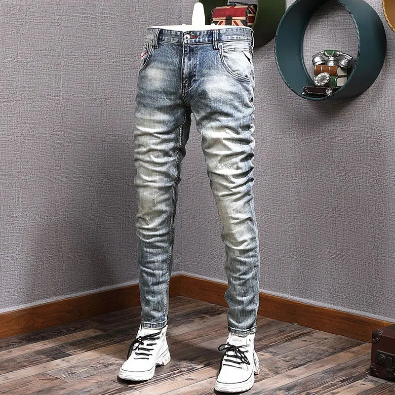 Italian Style Fashion Men Jeans Retro Washed Blue Elastic Slim Fit Ripped Jeans Men Vintage Trousers Designer Denim Pants Hombre