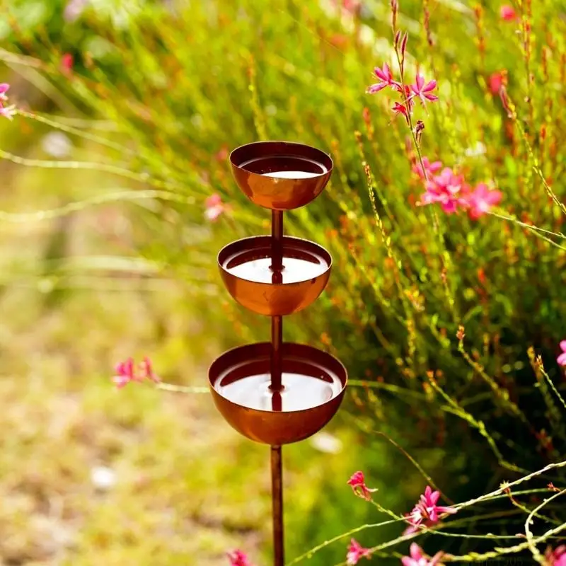 QX2E 3-Tiered Bowl Metal Bird Bath Iron Decorative Garden Rain Catching Rusted