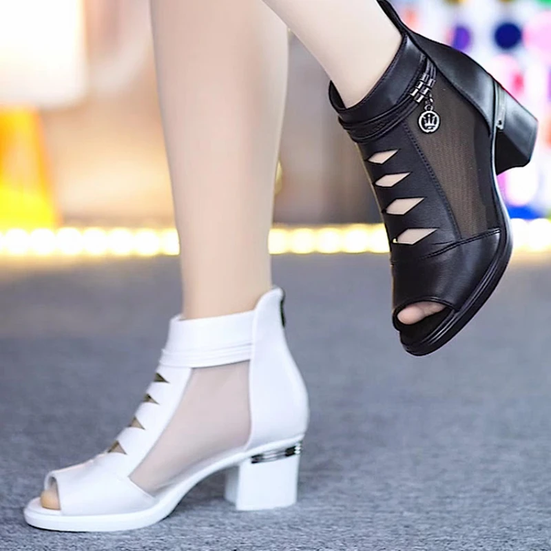 Summer High Heels Women Fashion Mesh Solid Colour Sandals Fish Mouth Chunky Heel Shoes Back Zip Short Boots Sandalia Mujer